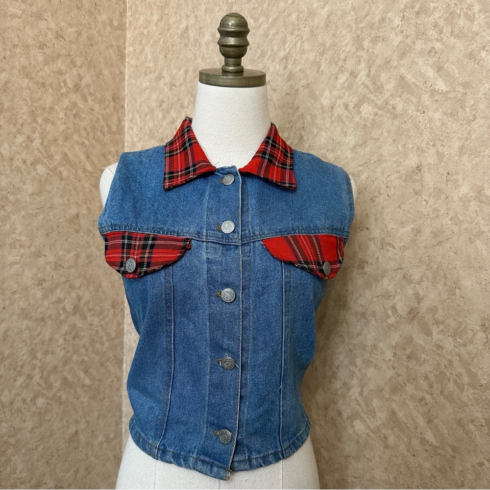 Vtg 80s 90s Retro Plaid Collar Trim Blue Jean Denim Vest